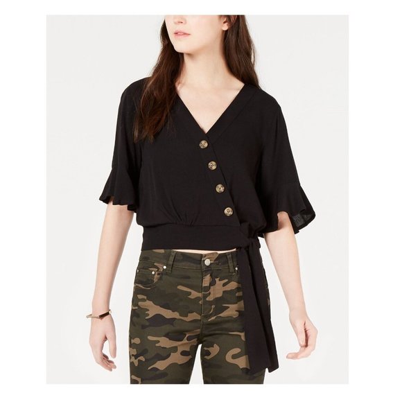 Gypsies & Moondust Juniors XS Black Tie Front Button Wrap Blouse Top NWT AQ86 - Picture 1 of 9